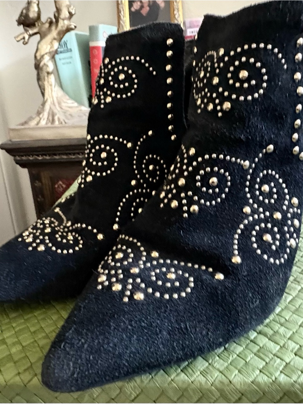 Vintage Jeffrey Campbell Black Suede Studded Pointed Toe Booties